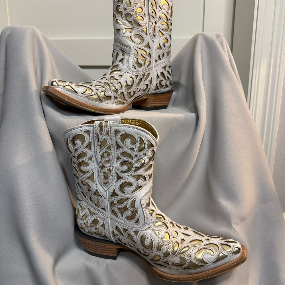 Ariat White Laser-Cut Western Booties with Gold Underlay